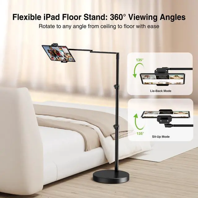 Alt view image 4 of 5 - elitehood Ultra Stable iPad Stand Floor, Long Arm Tablet Holder for Bed/Sofa/Recliner, Tablet Floor Stand with Adjustable Height & Angle for iPad Pro 13/12.9, Air Mini and 4.7-13in Devices
