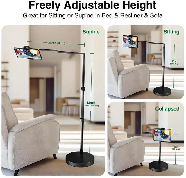 Alt view image 3 of 5 - elitehood Ultra Stable iPad Stand Floor, Long Arm Tablet Holder for Bed/Sofa/Recliner, Tablet Floor Stand with Adjustable Height & Angle for iPad Pro 13/12.9, Air Mini and 4.7-13in Devices
