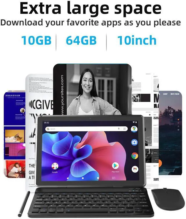 Alt view image 2 of 5 - Android 15 Tablet 10 inch, 2 in1 Tablets with Keyboard Case Mouse Stylus, 10GB RAM 64GB ROM 1TB Expand, Quad-Core Processor Tablet PC, 5G WiFi6, BT5.0, 6000mAh, 1280*800 IPS Screen, Widevine L1, Black
