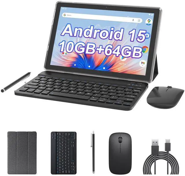 Main image of Android 15 Tablet 10 inch, 2 in1 Tablets with Keyboard Case Mouse Stylus, 10GB RAM 64GB ROM 1TB Expand, Quad-Core Processor Tablet PC, 5G WiFi6, BT5.0, 6000mAh, 1280*800 IPS Screen, Widevine L1, Black