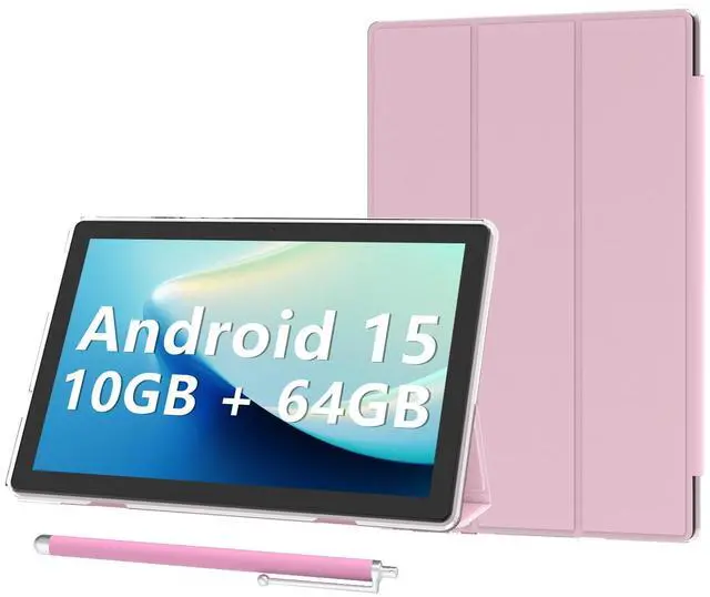 Main image of Android 15 Tablet 10 inch Tablets with Case, 10GB RAM + 64GB ROM (Expand to 1TB), Quad Core Processor Tablets, 5G WiFi 6, BT5.0, 1280x800 HD Screen, 6000mAh, Dual Camera, GMS, Widevine L1, Pink