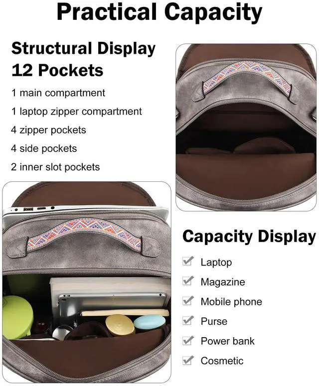Alt view image 2 of 5 - FADEON Leather Laptop Backpack Purse for Women, Designer Travel PU Backpack with Laptop Compartment for Work Grey