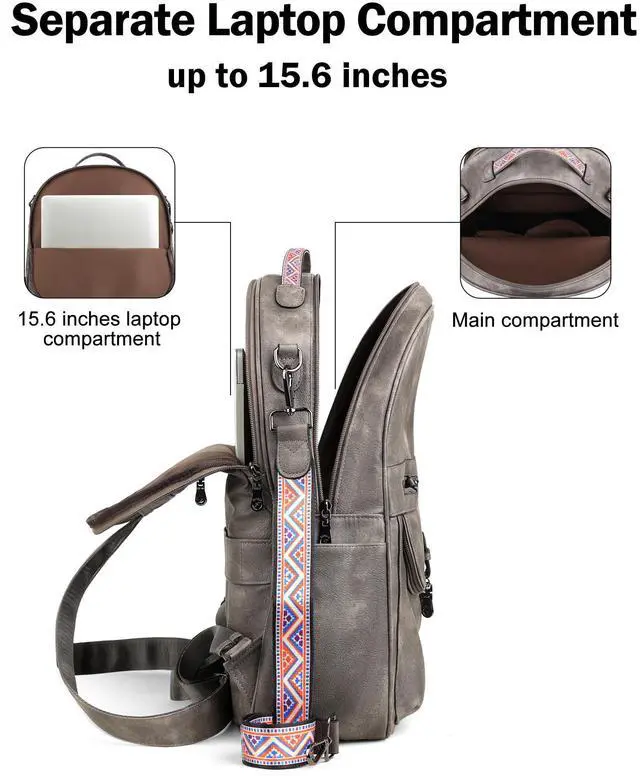 Alt view image 3 of 5 - FADEON Leather Laptop Backpack Purse for Women, Designer Travel PU Backpack with Laptop Compartment for Work Grey