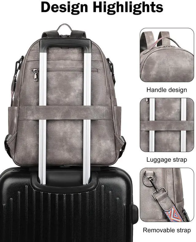 Alt view image 4 of 5 - FADEON Leather Laptop Backpack Purse for Women, Designer Travel PU Backpack with Laptop Compartment for Work Grey