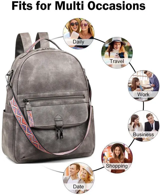 Alt view image 5 of 5 - FADEON Leather Laptop Backpack Purse for Women, Designer Travel PU Backpack with Laptop Compartment for Work Grey
