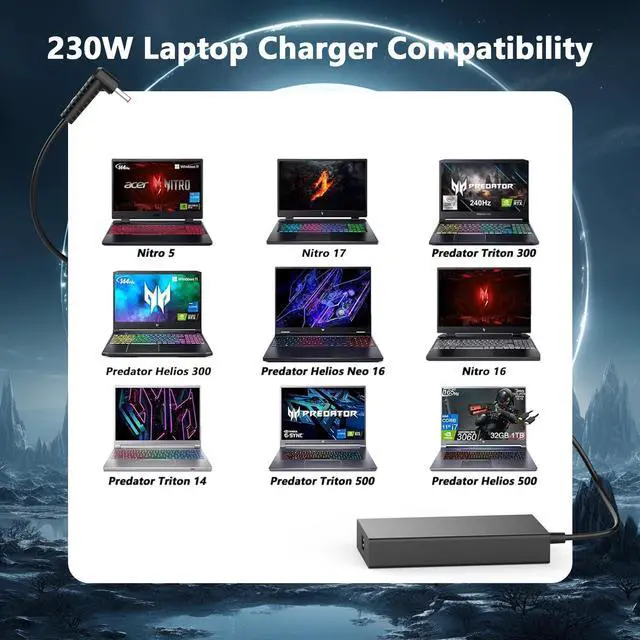Alt view image 5 of 5 - 230W Power Adapter Replacement for Acer Predator Triton 300 500/Predator Helios 300/Neo 16/Nitro 14 16 17 Gaming Laptops,Compatible with Acer PH317 PTN16-51 AN16-41 AN17-42