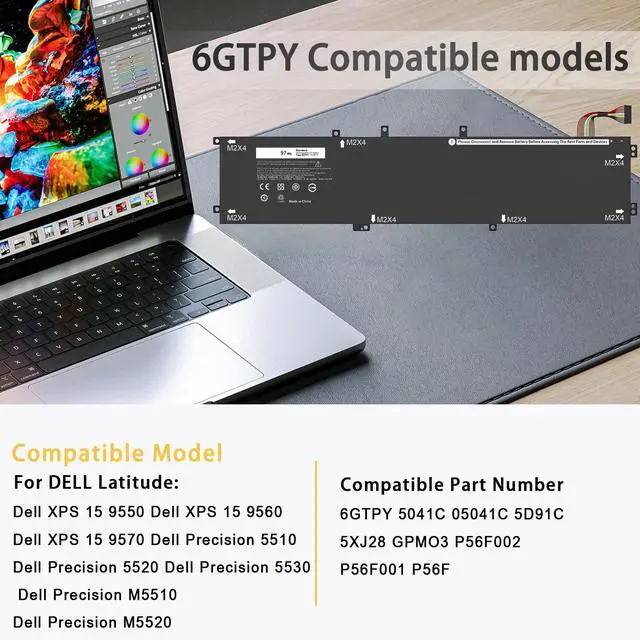 Alt view image 4 of 5 - SLE-TECH 97Wh 6GTPY Laptop Battery for Dell XPS 15 9550 9560 9570 7590 Vostro 7500 7590 4GVGH 1P6KD 5XJ28 GPM03 P56F Inspiron 15 7500 7501 7590 7591 Precision 5520 5530 5540 5510 6-cell Laptop Battery