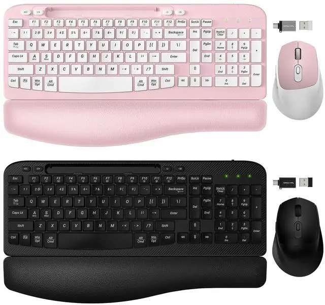 Main image of 2 Pack Wireless Keyboard and Mouse Combo, EAYBLLY Wave Keys Wireless Ergonomic Keyboard with Cushioned Wrist Rest, Phone Holder, 2.4GHz Silent Cordless Keyboard Mouse Set