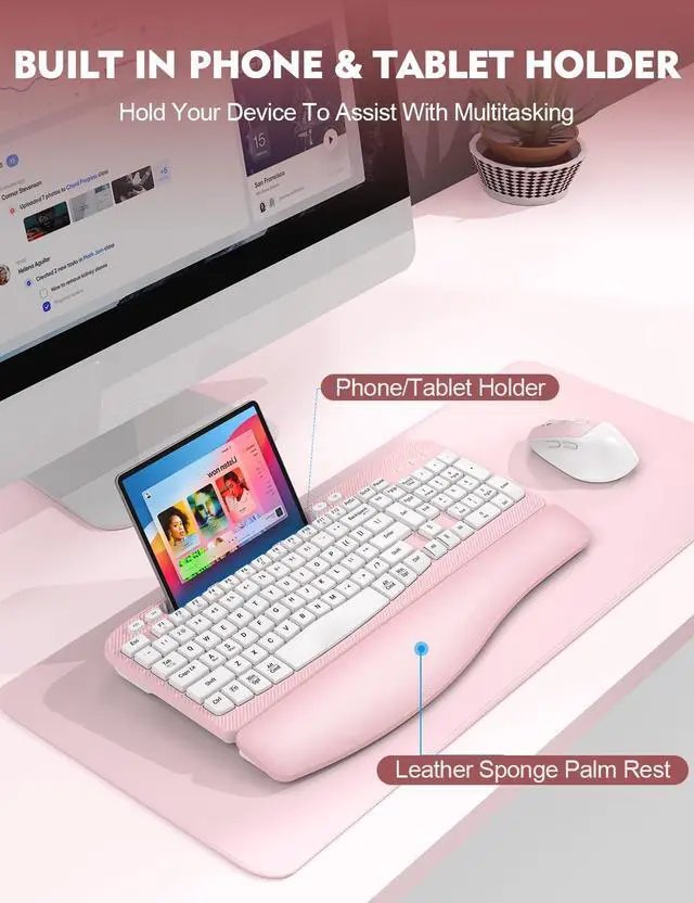 Alt view image 5 of 5 - 2 Pack Wireless Keyboard and Mouse Combo, EAYBLLY Wave Keys Wireless Ergonomic Keyboard with Cushioned Wrist Rest, Phone Holder, 2.4GHz Silent Cordless Keyboard Mouse Set