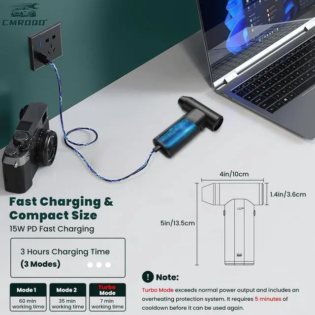 Alt view image 2 of 5 - Metal Electric Air Duster 150,000RPM Super Power Cordless Turbo Air Duster, Adjustable Rechargeable 3-Gear Brushless Motor Durable Mini Jet Dry Blower for Snow Keyboard Cleaner, Car Home, PC Cleaning