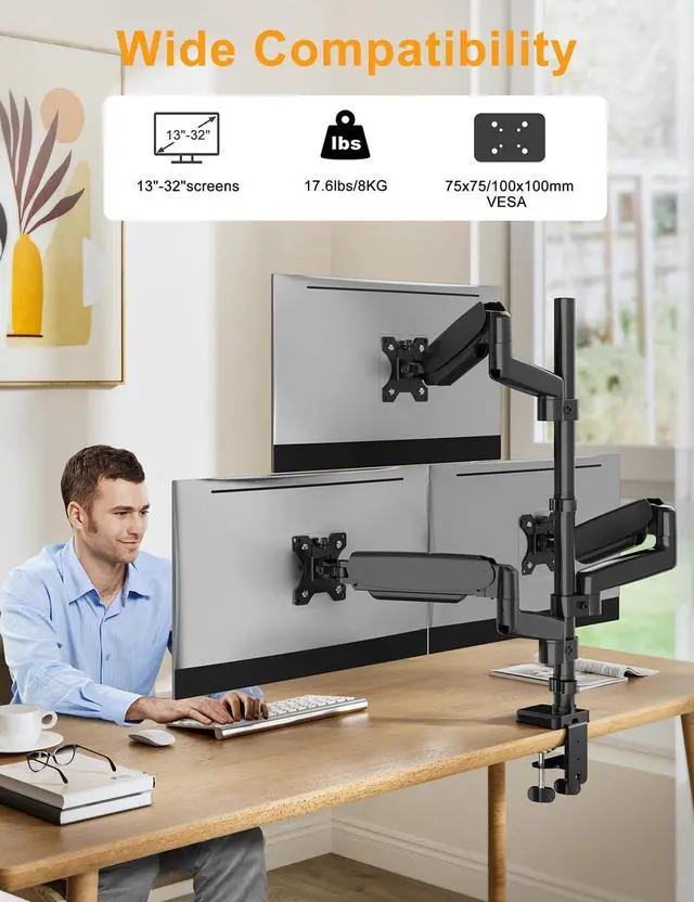 Alt view image 2 of 5 - FORGING MOUNT Triple Monitor Mount, Articulating Adjustable 3 Monitor Desk Mount for 13-32inch Screens up to 17.6lbs Each, Gas Spring Monitors Arm with Tilt Swivel Rotation, Max VESA 100x100
