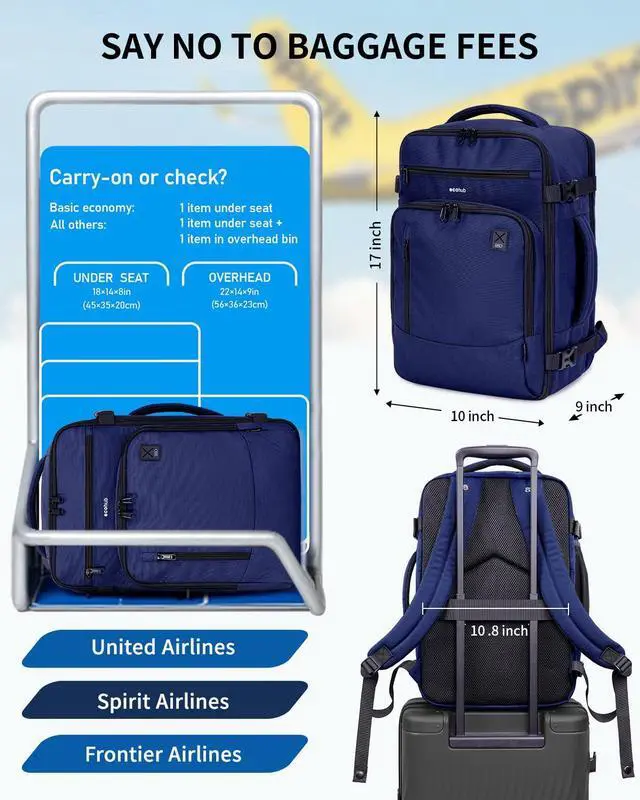 Alt view image 2 of 5 - ECOHUB 17" Small Travel Backpack, United Airlines Personal Item Bag 17x10x9 with 16 Pockets, Water Resistant Rucksacks Fit 15.6" Laptop, AirTag Pocket, Lightweight Casual Daypack, 25L, Blue