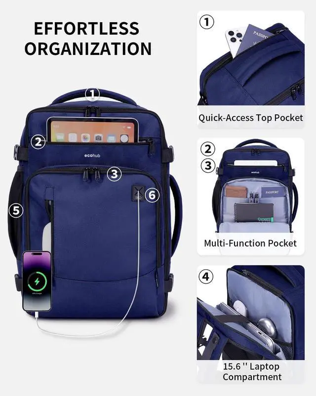 Alt view image 4 of 5 - ECOHUB 17" Small Travel Backpack, United Airlines Personal Item Bag 17x10x9 with 16 Pockets, Water Resistant Rucksacks Fit 15.6" Laptop, AirTag Pocket, Lightweight Casual Daypack, 25L, Blue