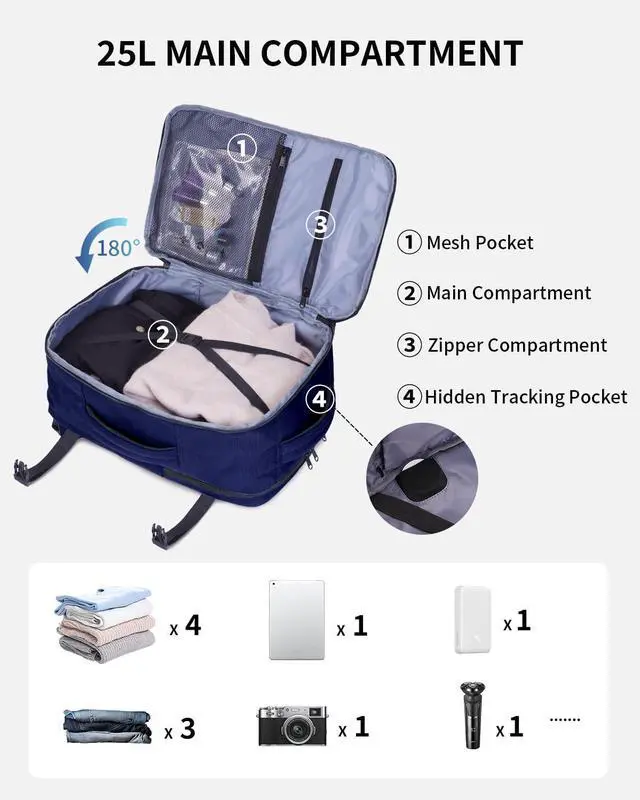 Alt view image 3 of 5 - ECOHUB 17" Small Travel Backpack, United Airlines Personal Item Bag 17x10x9 with 16 Pockets, Water Resistant Rucksacks Fit 15.6" Laptop, AirTag Pocket, Lightweight Casual Daypack, 25L, Blue