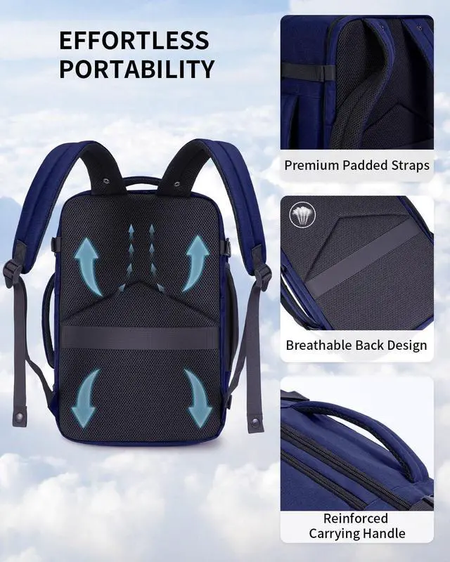 Alt view image 5 of 5 - ECOHUB 17" Small Travel Backpack, United Airlines Personal Item Bag 17x10x9 with 16 Pockets, Water Resistant Rucksacks Fit 15.6" Laptop, AirTag Pocket, Lightweight Casual Daypack, 25L, Blue