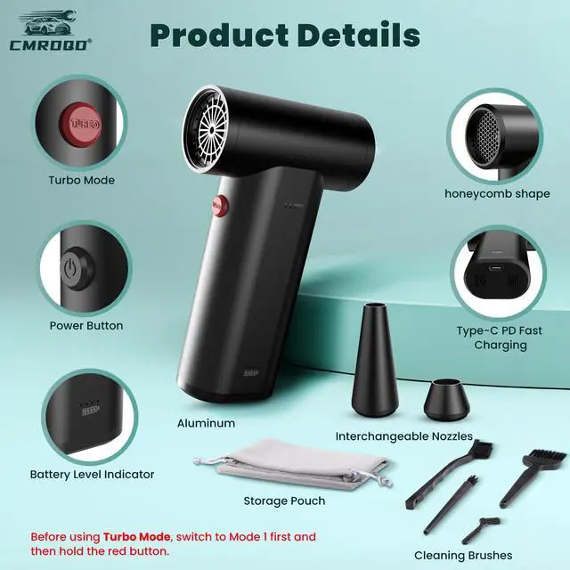 Alt view image 3 of 5 - Metal Electric Air Duster 150,000RPM Super Power Cordless Turbo Air Duster, Adjustable Rechargeable 3-Gear Brushless Motor Durable Mini Jet Dry Blower for Snow Keyboard Cleaner, Car Home, PC Cleaning