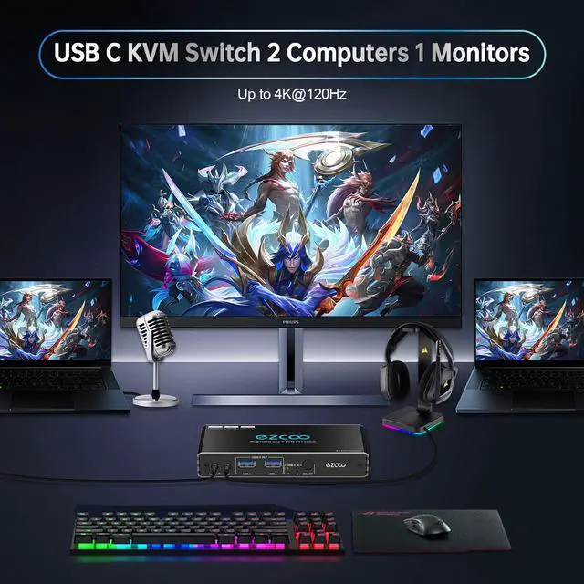 Alt view image 2 of 5 - 4K@120Hz USB-C HDMI2.1 KVM Switch for 2 Laptops with 2 USB 2.0 Ports L/R MIC Out Share 1 Monitors Keyboard Mouse Hard Drive Printer