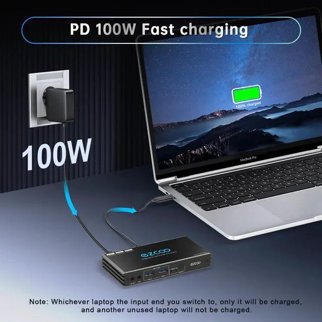Alt view image 5 of 5 - 4K@120Hz USB-C HDMI2.1 KVM Switch for 2 Laptops with 2 USB 2.0 Ports L/R MIC Out Share 1 Monitors Keyboard Mouse Hard Drive Printer