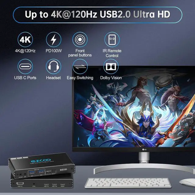 Alt view image 4 of 5 - 4K@120Hz USB-C HDMI2.1 KVM Switch for 2 Laptops with 2 USB 2.0 Ports L/R MIC Out Share 1 Monitors Keyboard Mouse Hard Drive Printer