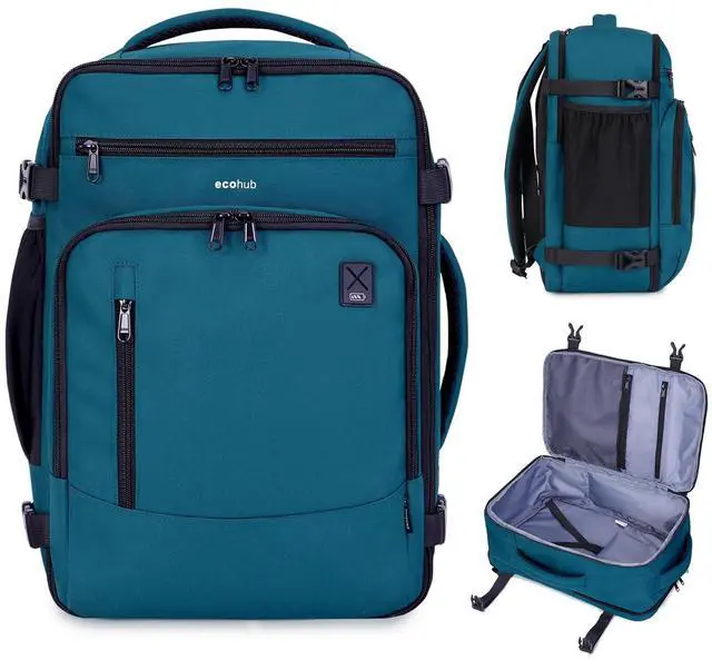 Main image of ECOHUB 17" Small Travel Backpack, United Airlines Personal Item Bag 17x10x9 with 16 Pockets, Water Resistant Rucksacks Fit 15.6" Laptop, AirTag Pocket, Lightweight Casual Daypack, 25L, Blue Green