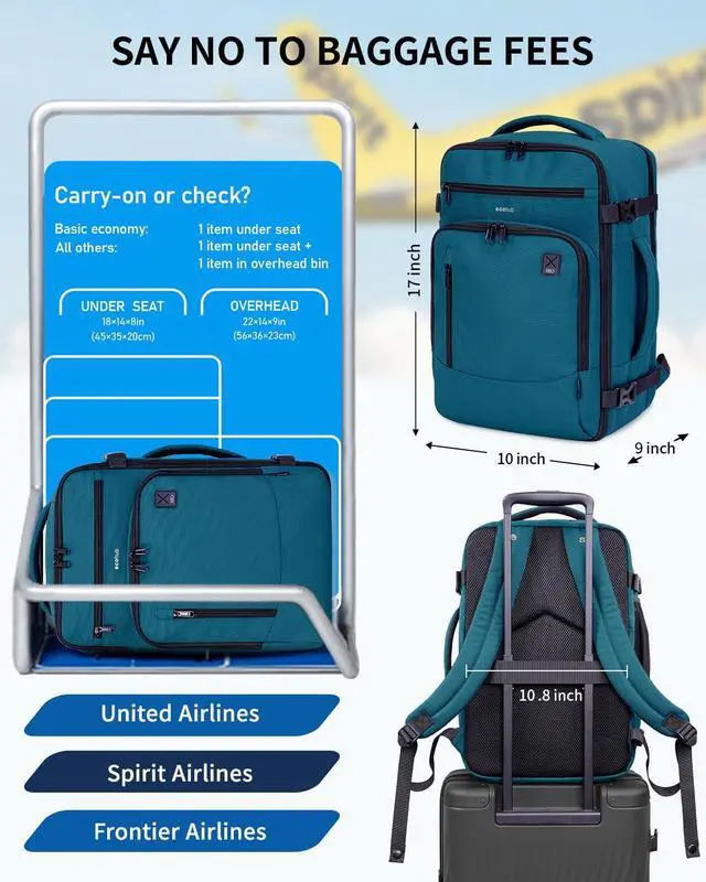Alt view image 2 of 5 - ECOHUB 17" Small Travel Backpack, United Airlines Personal Item Bag 17x10x9 with 16 Pockets, Water Resistant Rucksacks Fit 15.6" Laptop, AirTag Pocket, Lightweight Casual Daypack, 25L, Blue Green