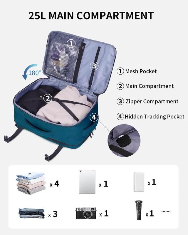 Alt view image 3 of 5 - ECOHUB 17" Small Travel Backpack, United Airlines Personal Item Bag 17x10x9 with 16 Pockets, Water Resistant Rucksacks Fit 15.6" Laptop, AirTag Pocket, Lightweight Casual Daypack, 25L, Blue Green