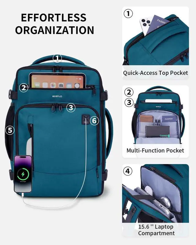 Alt view image 4 of 5 - ECOHUB 17" Small Travel Backpack, United Airlines Personal Item Bag 17x10x9 with 16 Pockets, Water Resistant Rucksacks Fit 15.6" Laptop, AirTag Pocket, Lightweight Casual Daypack, 25L, Blue Green