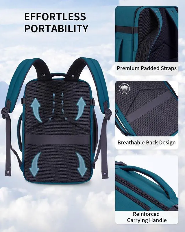 Alt view image 5 of 5 - ECOHUB 17" Small Travel Backpack, United Airlines Personal Item Bag 17x10x9 with 16 Pockets, Water Resistant Rucksacks Fit 15.6" Laptop, AirTag Pocket, Lightweight Casual Daypack, 25L, Blue Green