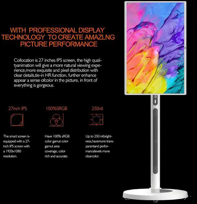 Alt view image 2 of 5 - ForHelp 32 Inch Wheeled Portable Monitor with Touch, 1080p IPS HD Display, Built-in Battery/Speakers/Bluetooth Enabled/USB-C HDMI Connection/HD, Smart Swivel with Removable Stand