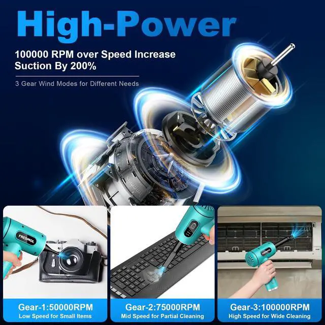 Alt view image 2 of 5 - Compressed Air Duster-3 Gear Adjustable 100000RPM Electric Air Duster with LED Light, Rechargeable Cordless Air Blower for Keyboard Electric Devices Cleaning. Replaces Compressed Air Cans (Green)