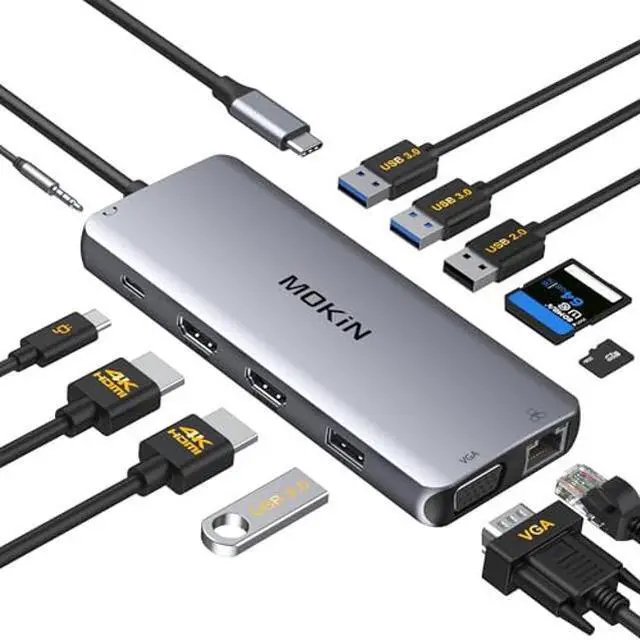Main image of USB C Docking Station Dual Monitor, Dual HDMI Adapter 12 in 1 Triple Display USB C Hub with VGA, Gigabit Ethernet, 100W PD, 4 USB Ports, SD/TF