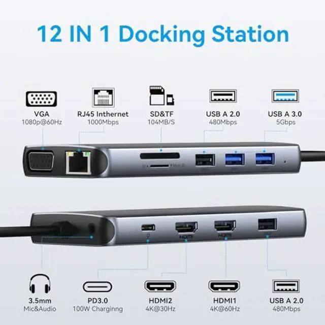 Alt view image 2 of 5 - USB C Docking Station Dual Monitor, Dual HDMI Adapter 12 in 1 Triple Display USB C Hub with VGA, Gigabit Ethernet, 100W PD, 4 USB Ports, SD/TF