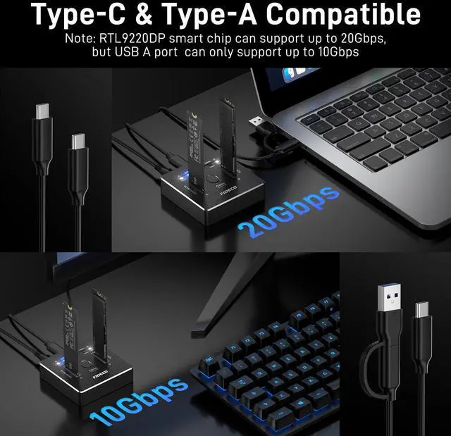 Alt view image 3 of 5 - FIDECO M.2 NVMe SATA SSD Cloner Dock, USB 3.2 Gen 2 X 2, 20Gbps Dual NVMe SATA SSD Enclosure, M.2 Duplicator Cloner, Support Offline Clone, UASP and Trim, Aluminum Design