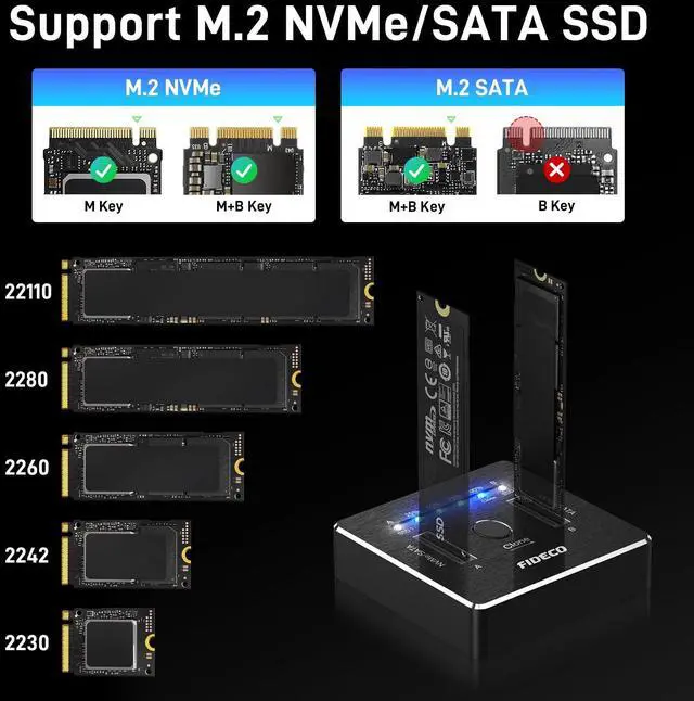 Alt view image 5 of 5 - FIDECO M.2 NVMe SATA SSD Cloner Dock, USB 3.2 Gen 2 X 2, 20Gbps Dual NVMe SATA SSD Enclosure, M.2 Duplicator Cloner, Support Offline Clone, UASP and Trim, Aluminum Design