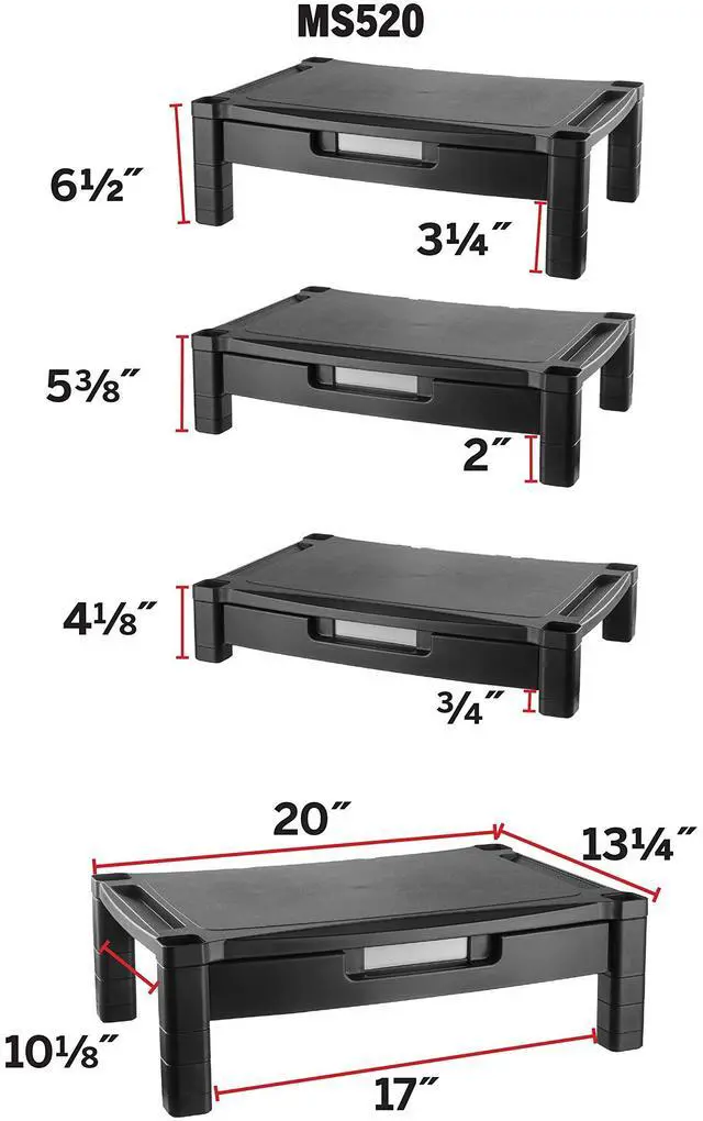 Alt view image 2 of 5 - Kantek Wide Deluxe Two-Level Monitor Stand With Drawer, 20" X 13.25" X 3" To 6.5", Black, Supports 50 Lbs