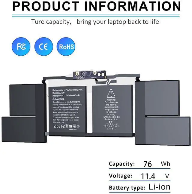 Alt view image 3 of 5 - BNDeluxe A1707 A1820 Laptop Battery Replacement for MacBook Pro A1707 (2016, 2017) 15-inch A1820 Battery EMC 3162 3072 Series MLH32LL/A MLH42LL/A MLW72LL/A MLW72HN/A MLW82LL/A MPTR2LL/A 11.4V 76Wh