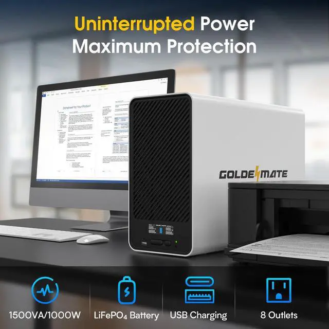 Alt view image 2 of 5 - GOLDENMATE 1500VA/1000W Lithium UPS Battery Backup and Surge Protector, Backup Battery Power Supply with LiFePO4 Batteries(296Wh), AVR, Line Interactive Sinewave UPS System, 8 Outlets, LCD Display