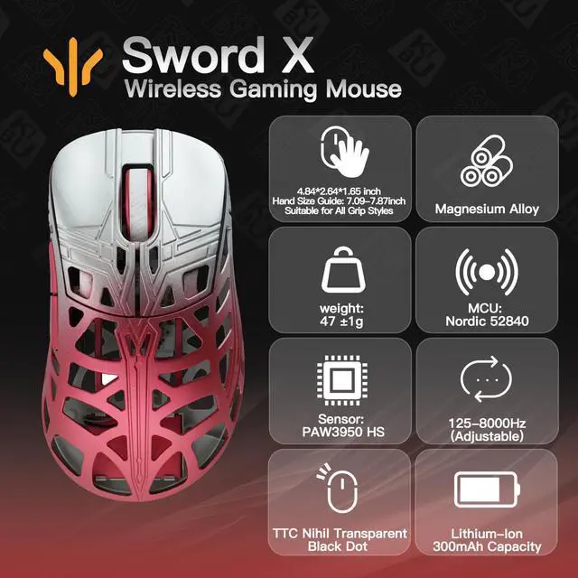 Alt view image 2 of 2 - KEEBMONKEY WLMOUSE Sword X Lightweight Magnesium Alloy Wireless Gaming Mouse - 8KHz Polling Rate, PAW3950 HS Sensor, 50-30000 DPI, OM & TTC Switches (TTC Nihil Transparent Black Dot, Silver&Red)