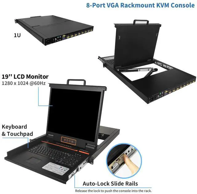 Alt view image 2 of 5 - 8 Port Rack Mount KVM Console w/19" Rackmount Monitor, 1U VGA KVM Switch Drawer+Keyboard+Touchpad+8 VGA Cable,OSD/Hotkey/Button Switch, 1280X1024@60Hz, 23.8" Deep,Compatible with Windows,Linux,Mac,Sun