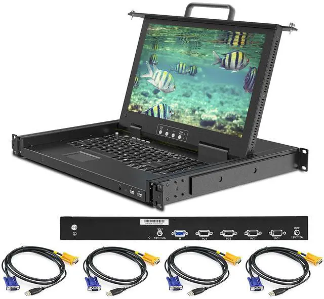 Main image of 4 Port Rack Mount KVM Console VGA w/15.6'' FHD Monitor, 1080P LCD KVM Console,Short Depth 14.17", 1U KVM Switch Drawer+Keyboard+Touchpad+Cables, OSD Menu Switch,Front USB Ports,Dual Power Supply