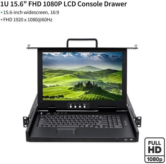 Alt view image 4 of 5 - 4 Port Rack Mount KVM Console VGA w/15.6'' FHD Monitor, 1080P LCD KVM Console,Short Depth 14.17", 1U KVM Switch Drawer+Keyboard+Touchpad+Cables, OSD Menu Switch,Front USB Ports,Dual Power Supply