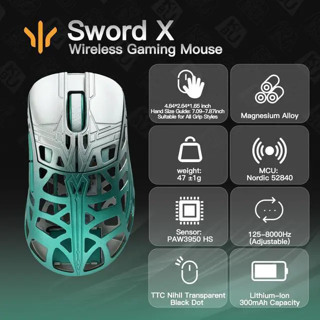 Alt view image 2 of 2 - KEEBMONKEY WLMOUSE Sword X Lightweight Magnesium Alloy Wireless Gaming Mouse - 8KHz Polling Rate, PAW3950 HS Sensor, 50-30000 DPI, OM & TTC Switches (TTC Nihil Transparent Black Dot, Silver&Green)