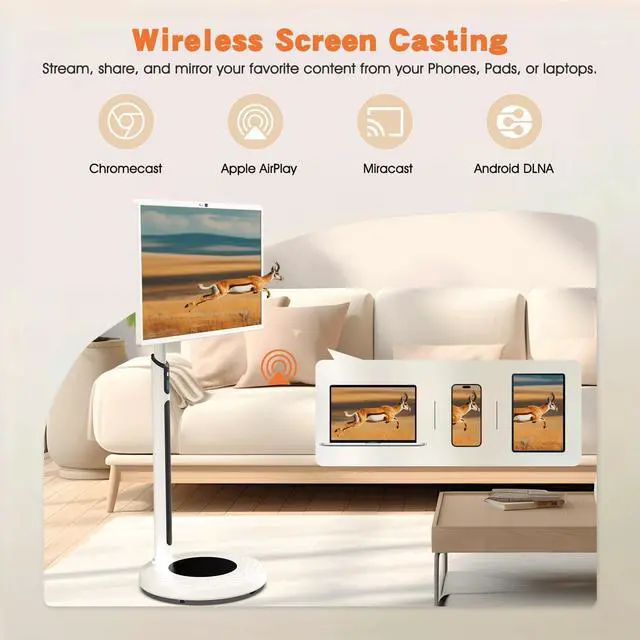 Alt view image 4 of 5 - Shiarffe 32-Inch Portable TV on Wheels, Smart Rolling TV with 1080P HD Touchscreen Monitor, Android OS, Built-in Battery (4-6 Hours), Full Rotating Stand