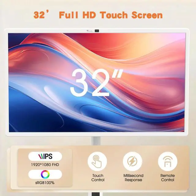 Alt view image 5 of 5 - Shiarffe 32-Inch Portable TV on Wheels, Smart Rolling TV with 1080P HD Touchscreen Monitor, Android OS, Built-in Battery (4-6 Hours), Full Rotating Stand