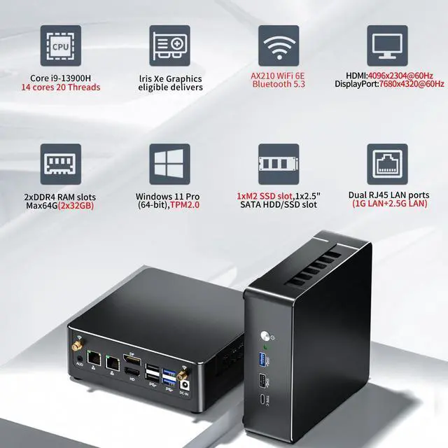 Alt view image 3 of 5 - Mini PC i9, Desktop Computer with Core i9-13900H, 14 Cores Upto 5.4GHz, Windows 11 Pro, 64G DDR4, 2T M.2 PCIE4.0 SSD, Dual LAN, DP/HDMI/USB-C Triple Display, Support 8K/4K@60Hz, WiFi6E/BT5.3, VESA