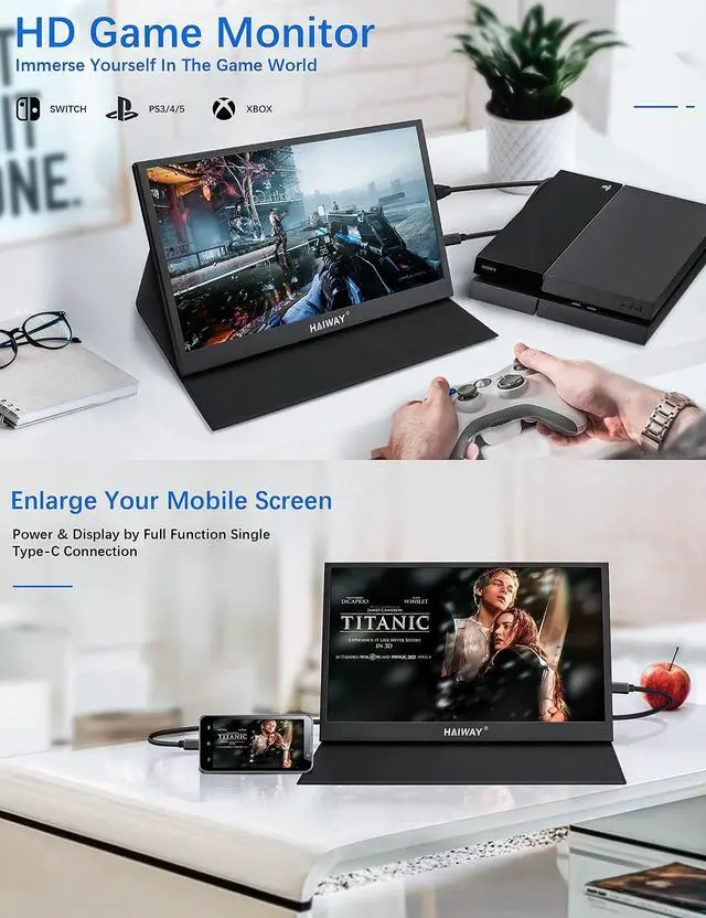 Alt view image 3 of 5 - Haiway Portable Monitor, 15.6 inch Monitor for Laptop 1080P FHD IPS External Second Monitors, USB C HDMI Gaming Monitor for PS4 Xbox Switch, Dual Speakers Travel Monitors for PC Phone Mac with Cover