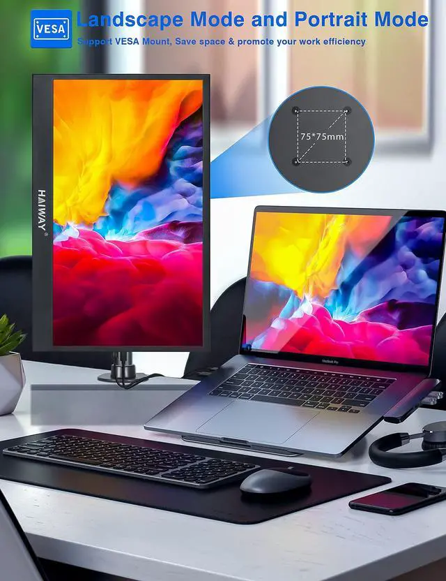 Alt view image 5 of 5 - Haiway Portable Monitor, 15.6 inch Monitor for Laptop 1080P FHD IPS External Second Monitors, USB C HDMI Gaming Monitor for PS4 Xbox Switch, Dual Speakers Travel Monitors for PC Phone Mac with Cover