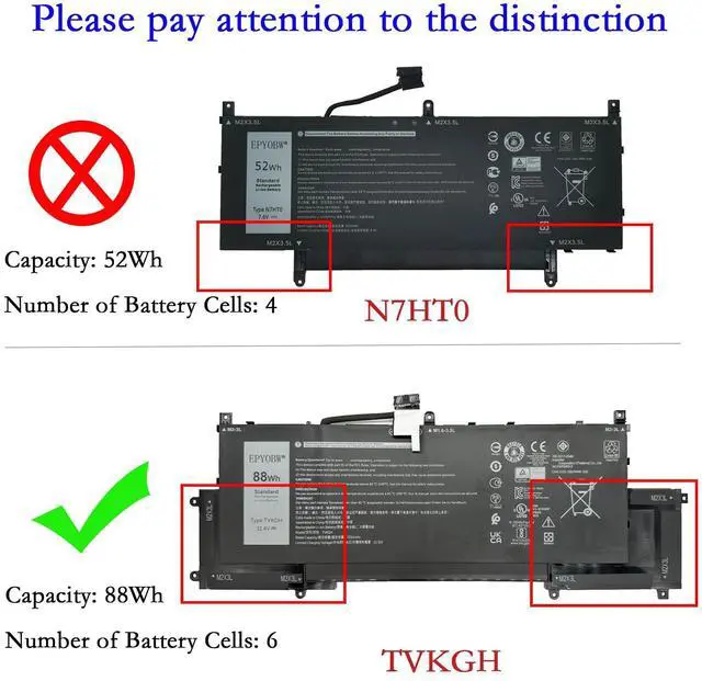 Alt view image 2 of 5 - EPYOBW TVKGH Laptop Battery 88Wh 7334mAh 6-Cell 11.4V Compatible with Dell Latitude 9510 9520 / Latitude 9520 2-in-1 Series N7HT0 V5K68 N2NLL HYMNG 08NFC7 N7HTO 0PKW00 089GNG 0HYMNG