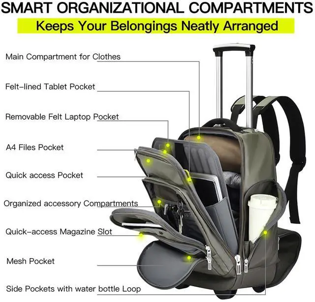 Alt view image 3 of 5 - Heliar Rolling Laptop Bag with Wheels, Adjustable 13-17.3 Inch Computer Travel Backpack for Men & Women, Wheeled Work Bag, Carry-on Luggage