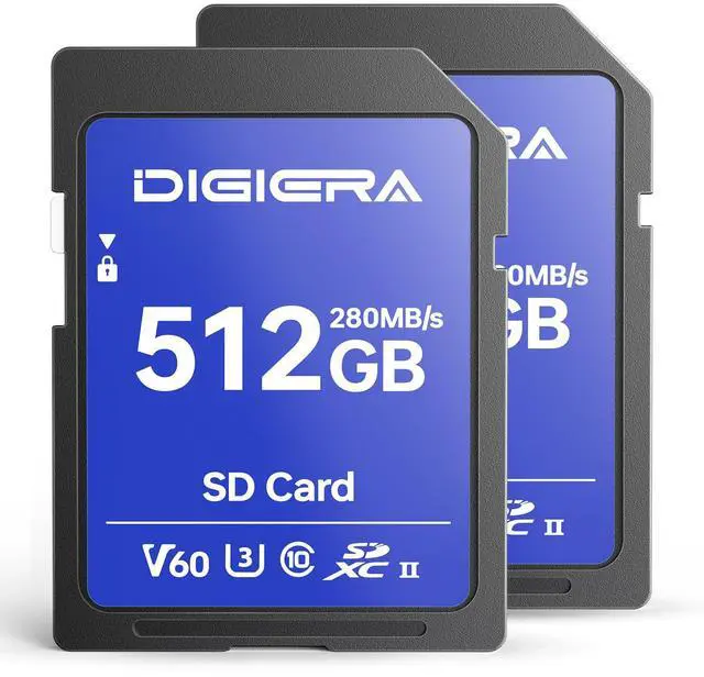 Main image of DIGIERA 512GB LSU100 SDXC UHS-II Memory Card - up to 280MB/s, C10, U3, V60, 6K, SD Card for Computers, Digital Cameras, Home Theatre Devices, Car Navigation Systems (2 Pack)